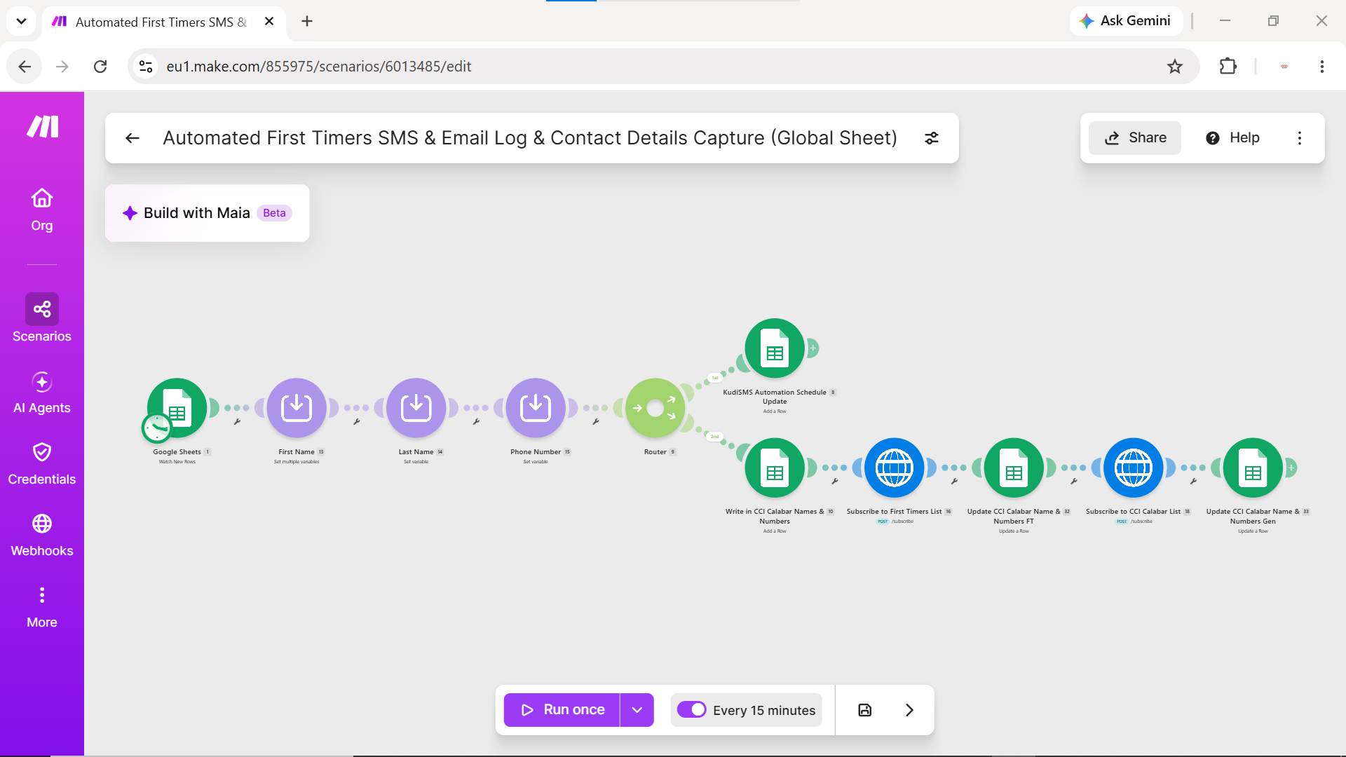 Make.com automation scenario capturing first-timer data, formatting names and phone numbers, routing to SMS scheduling and mailing-list subscriptions