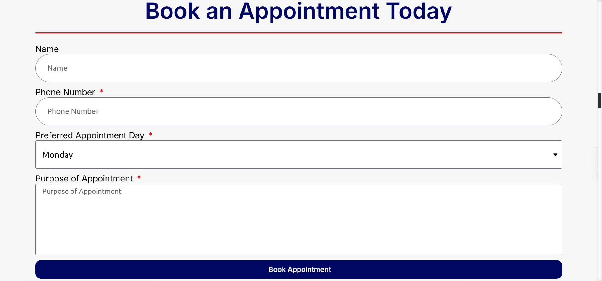 Book an Appointment form capturing name, phone, preferred day and purpose