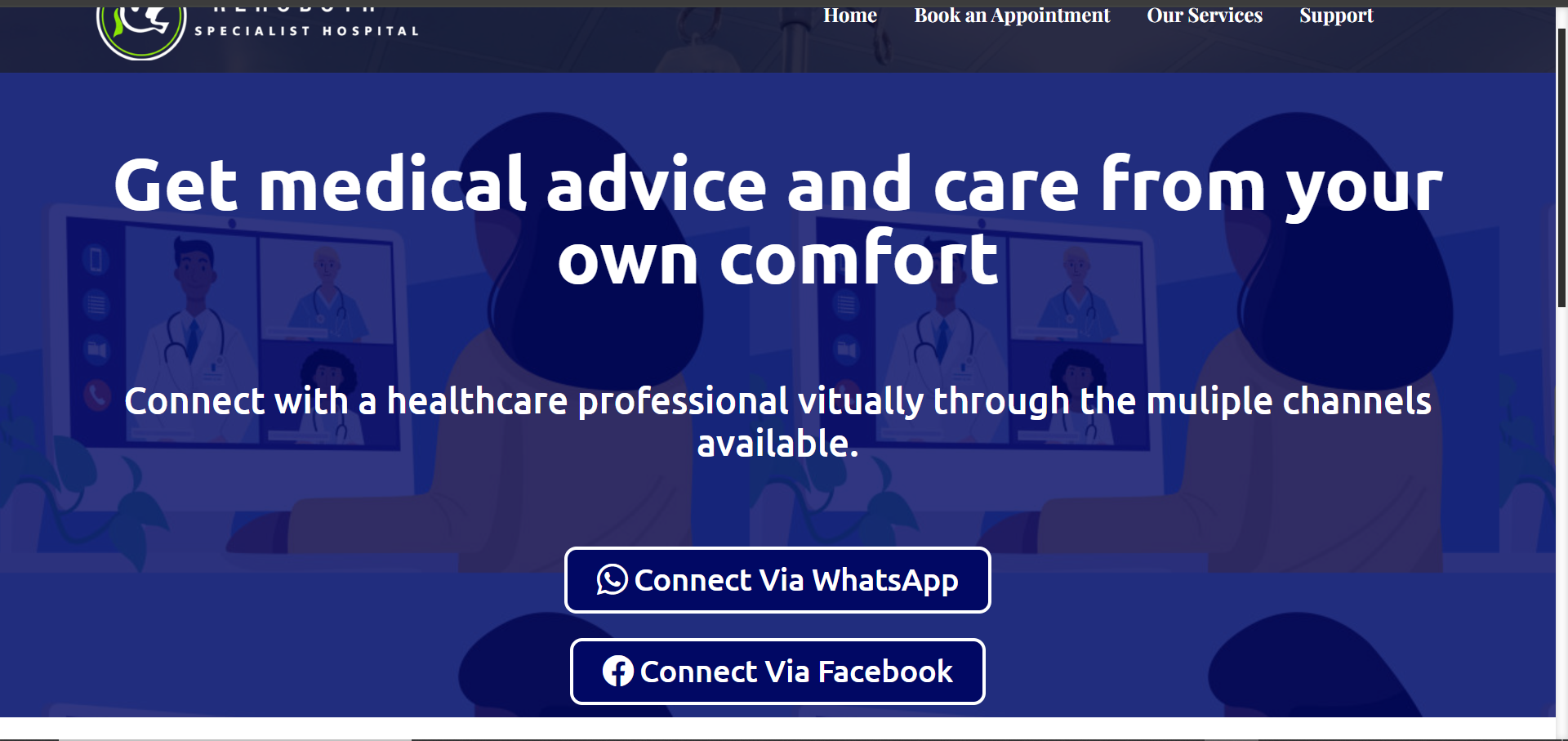 Virtual care section offering WhatsApp and Facebook consultation channels