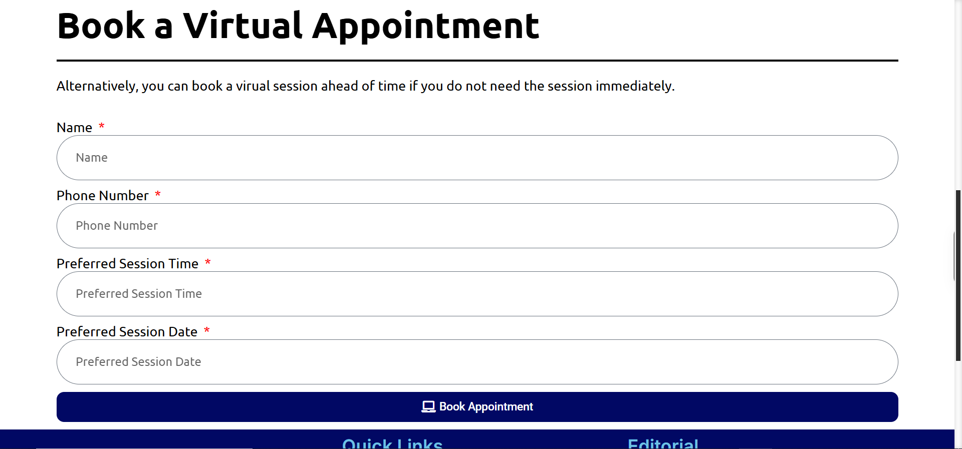 Virtual appointment booking form with preferred session time and date