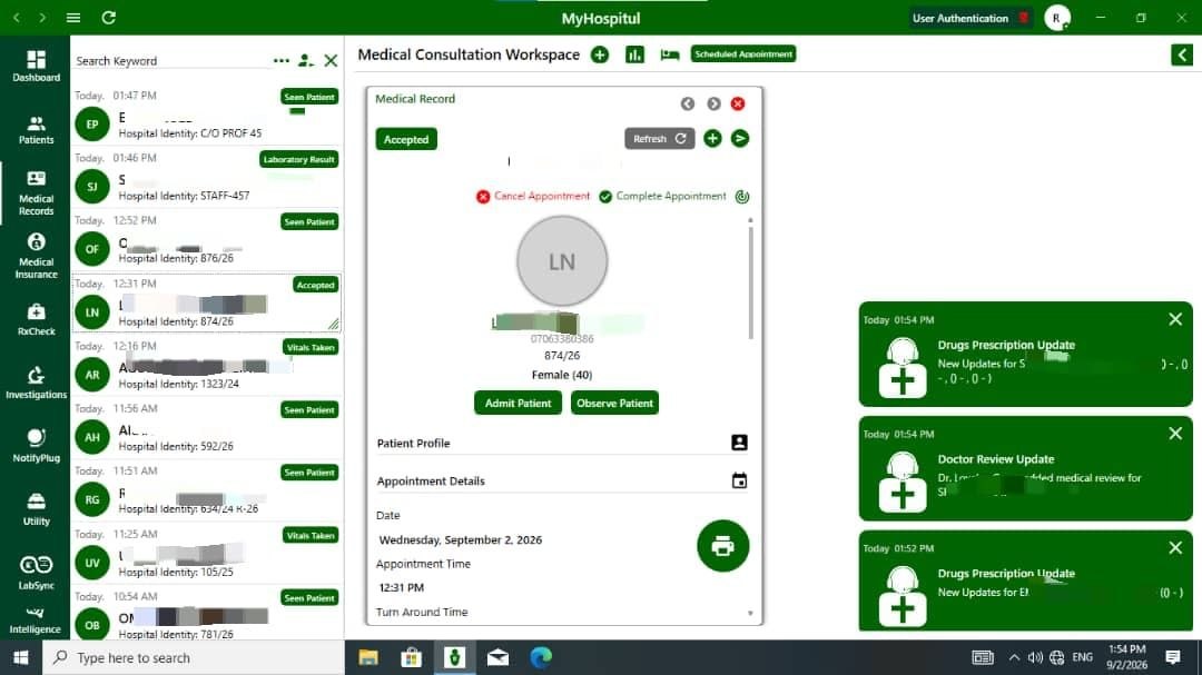 Medical Consultation Workspace showing real-time patient status labels such as Vitals Taken, Seen Patient, and Laboratory Result alongside live update notifications.