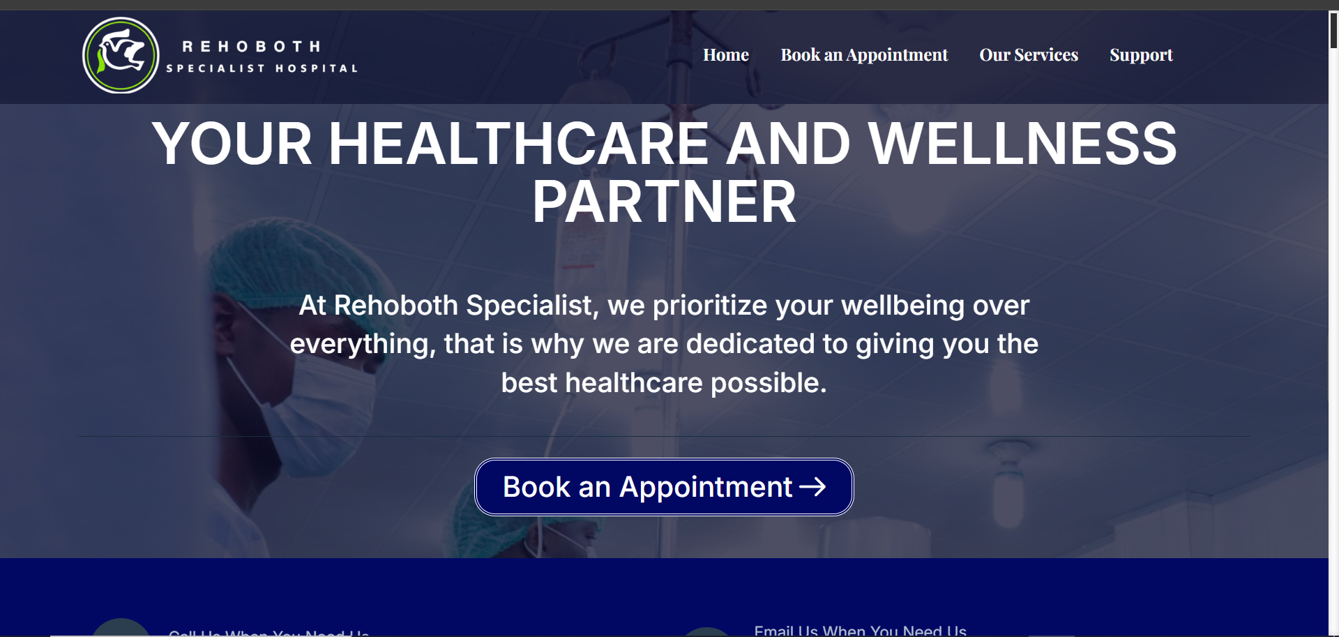 Hospital website homepage hero with Book an Appointment call to action